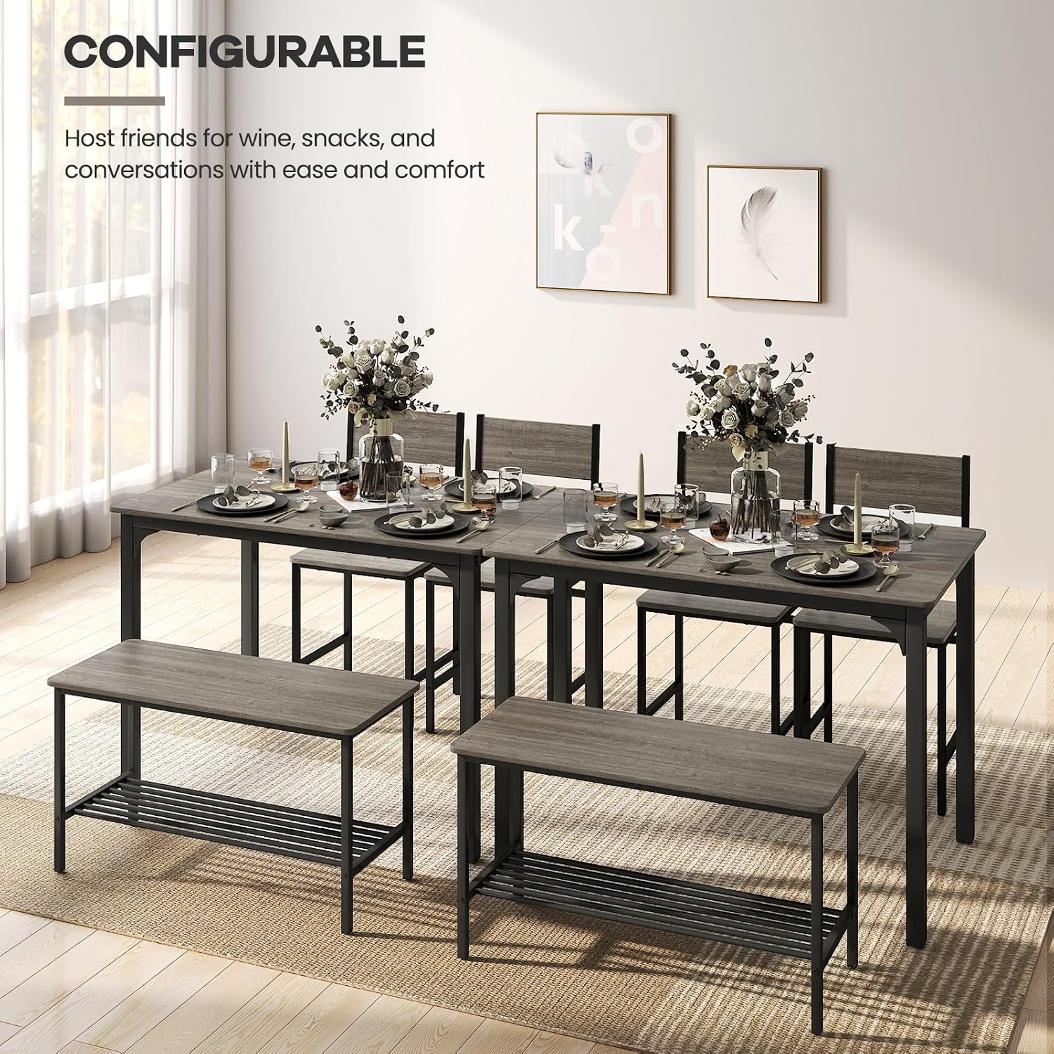 NAFORT Kitchen Table Set for 4, Industrial Dining Table with 2 Chairs & Storage Bench, Rustic Wood & Metal 4-Piece Dining Set for Small Space, Apartment, Kitchen & Dining Room