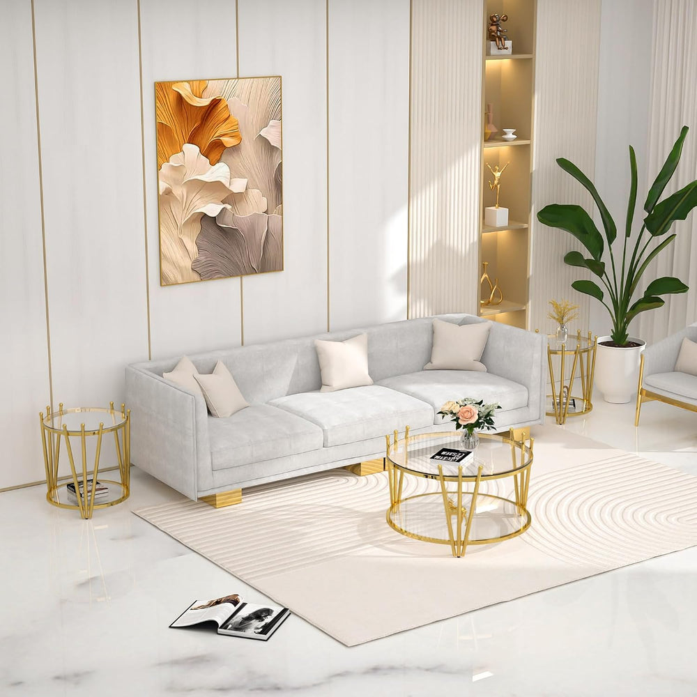 Luxury Glass Coffee Table Set of 3, Modern Gold Round End Table Living Room T...