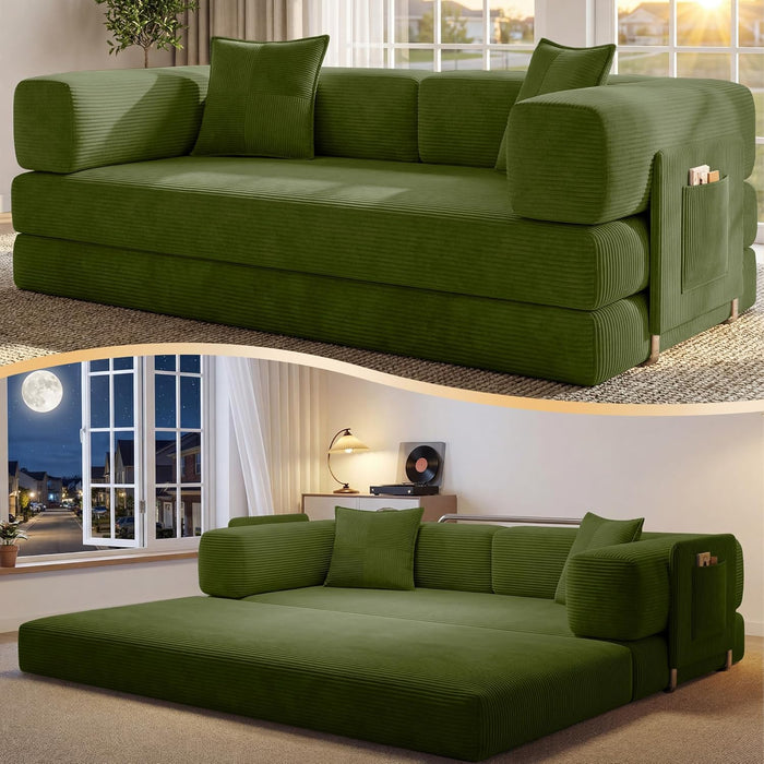 78.8" Convertible Sofa Bed,Corduroy Futon Couch with Storage Pocket,Folding Pull Out Futon Sofa,No Assembly Couch for Living Room,Green