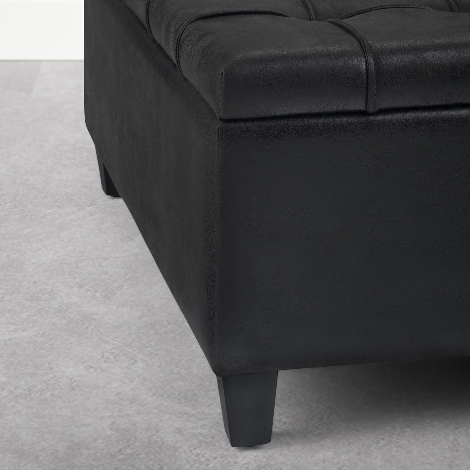 SIMPLIHOME Harrison Coffee Table Storage Ottoman - 36 inch Wide Upholstered Vegan Leather Square Ottoman in Distressed Graphite Black, Transitional Ottoman for Living Room with Split Lift-Up Lid