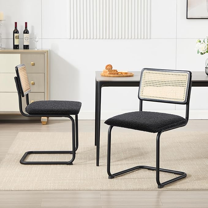 Zesthouse Natural Rattan Dining Chairs Set of 4, Modern Kitchen Chairs with Solid Wood Back for Dining Room Living Room, Mid Century Breuer Design Inspired, Upholstered Boule Fabric, Black