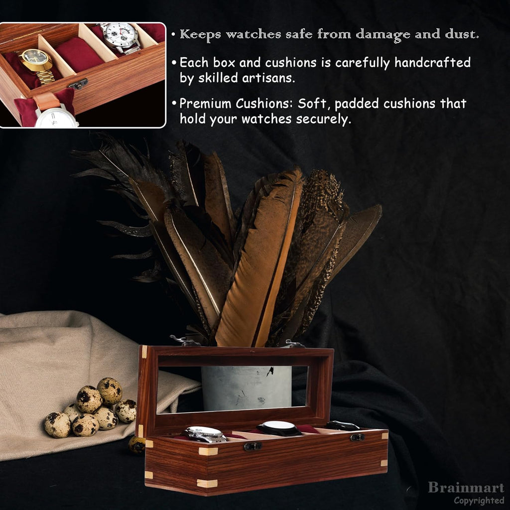 Wooden Watch Box for Men & Women, Watch Organizer & Display Case, Premium Long-Lasting Watch Holder for Storage, Elegant Gift for Watch Collectors (Glass Top, 5 Slots)