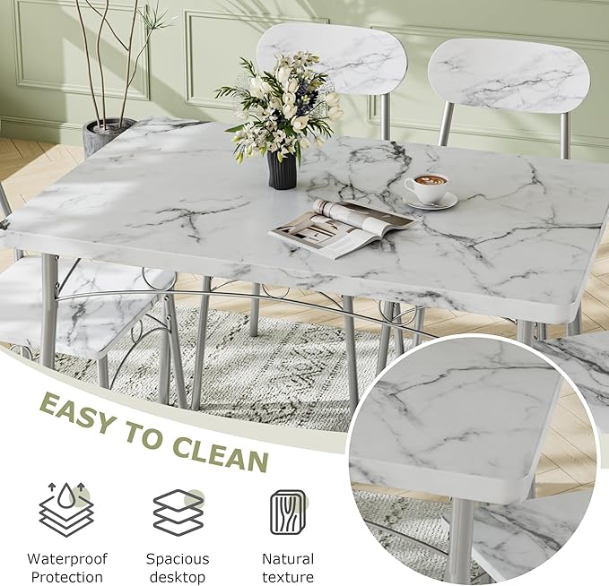 VECELO Dining Table Set for 4, 5-Piece Kitchen Table with 4 Chairs, MDF Board Tabletop with Metal Frame for Small Space, Compact Dinette, Breakfast Nook, Marble White