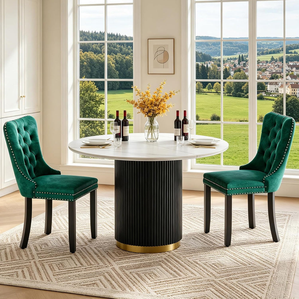 SSLine 41.3 in Round Sintered Stone Dining Table for 4 Fluted Pedestal Base |...