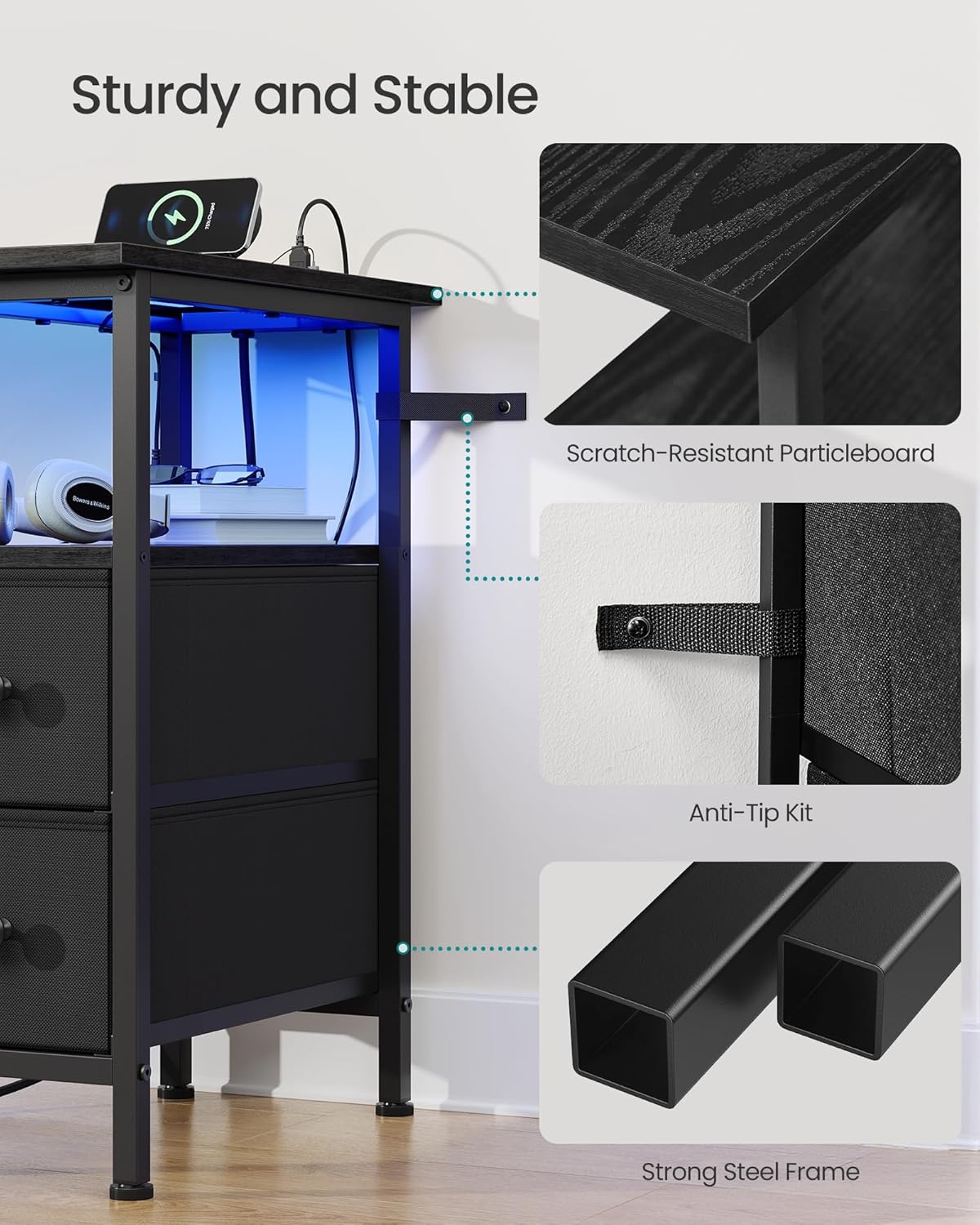 SONGMICS Side Table, Nightstand with Charging Station, End Table with LED Lighting, 2 Drawers, for Living Room, Bedroom, Ink Black, BELLAH Collection ULGS002B101