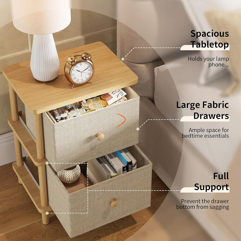 Apicizon Nightstand with 2 Storage Drawers, Boho Side Table with Solid Wood L...