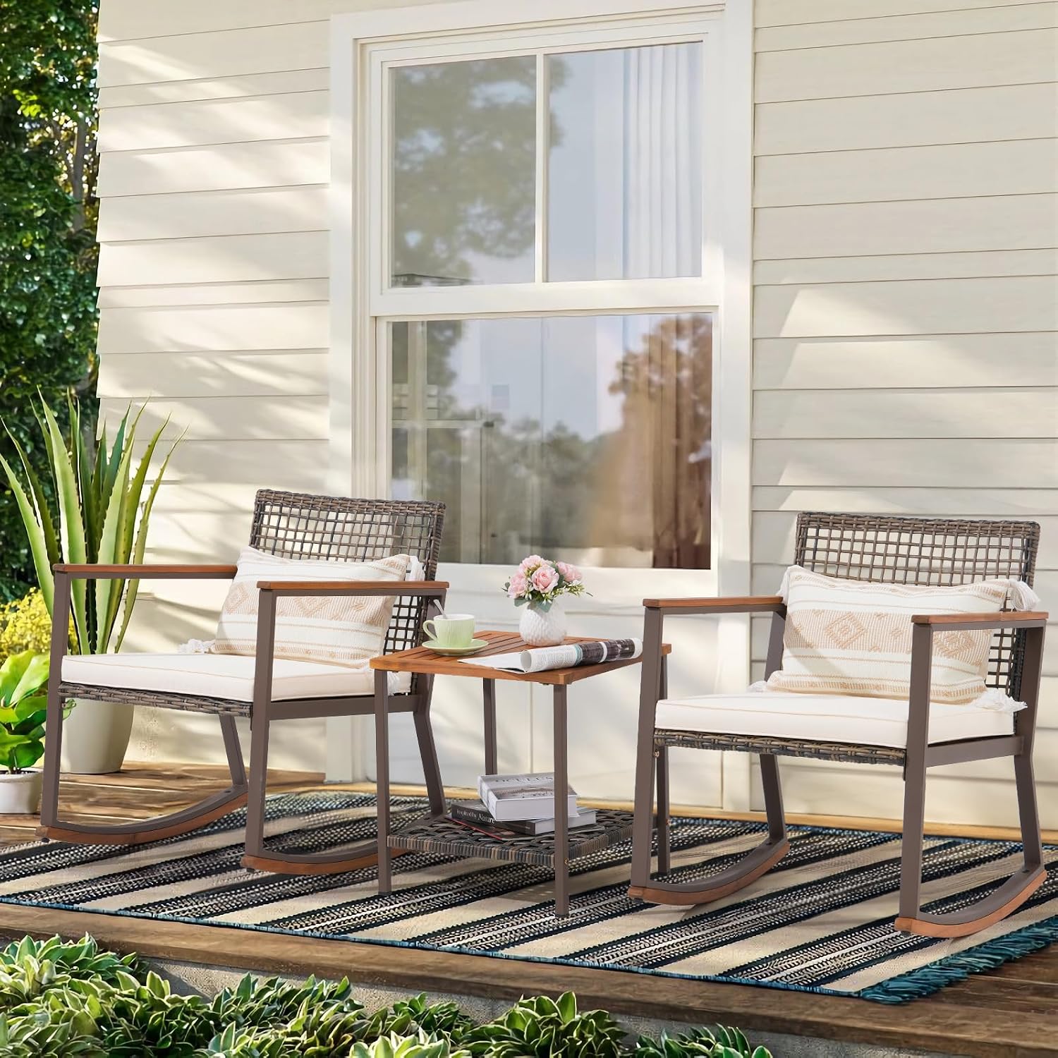 Verano Garden 3 Pieces Rocking Bistro Set, Conversation Bistro Set | Outdoor Chairs and Table Set, Wood Armrest, Soft Cushions, Small Porch Set, Balcony Set, Garden, Patio, Yard, Mix Brown