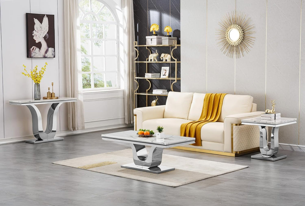 SSLine Modern White Faux Marble Console Table Luxury Entryway Table with Silv...