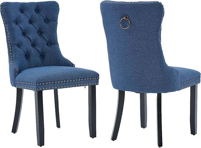 Modern Dining Chairs Set of 2, Tufted Upholstered Dining Chairs with Solid Wood Legs, Blue Linen Fabric Kitchen Chair, Sillas de Comedor, Comfy Kitchen Chair (Blue, Linen, 2Pcs)