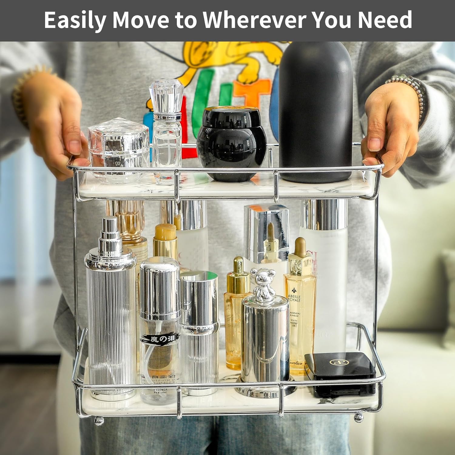 Bathroom Organizer Countertop Perfume Organizer Makeup Organizer Cosmetics Storage Display Rack Vanity Tray Dresser Stainless Steel Gold Shelf White Marble Ceramic Tray (2 Tier L-Sliver)