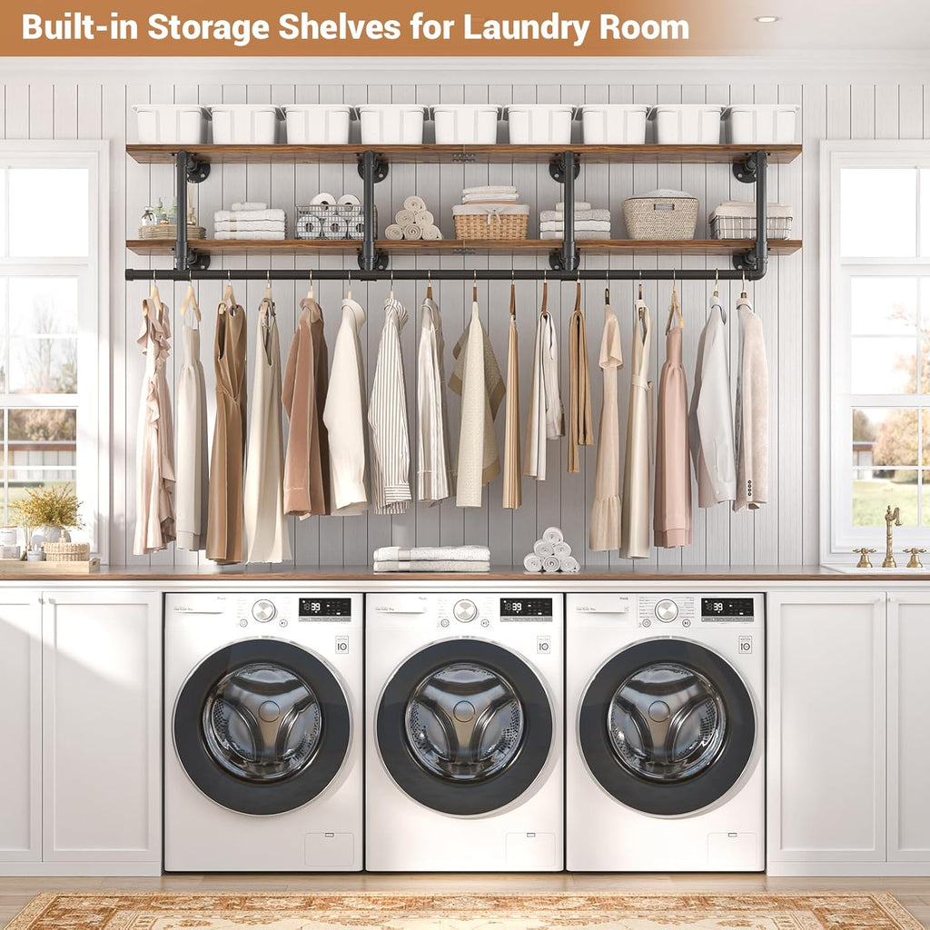 Aheaplus Industrial Pipe Clothes Rack with Top Shelf, 59In Space-Saving Wall Mounted Clothing Rack, 2 Tiers Heavy Duty Pipe Clothing Shelves with Hanging Rod for Laundry Room, Closet, Rustic Brown