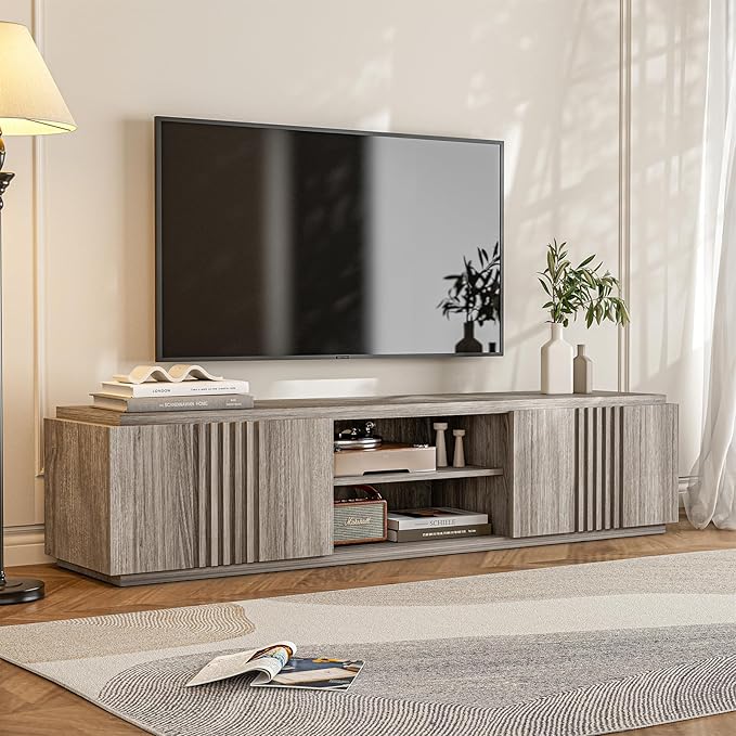 BELLEZE 70" Fluted TV Stand for TVs up to 75", Media Entertainment Center Console Table with Oversize Drawers and 2-Tier Open Shelves, Wood Storage Cabinet for Living Room, 15"D x 70"W x 16"H-(Gray)