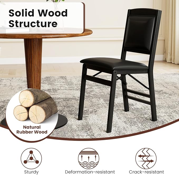 Giantex Folding Dining Chairs Set of 4, Black Wood Kitchen Chair w/Padded Seat, Solid Wood Frame, Max Load 400 Lbs, No Assembly, Easy to Store Foldable Wooden Dining Chairs for Apartment, Small Space