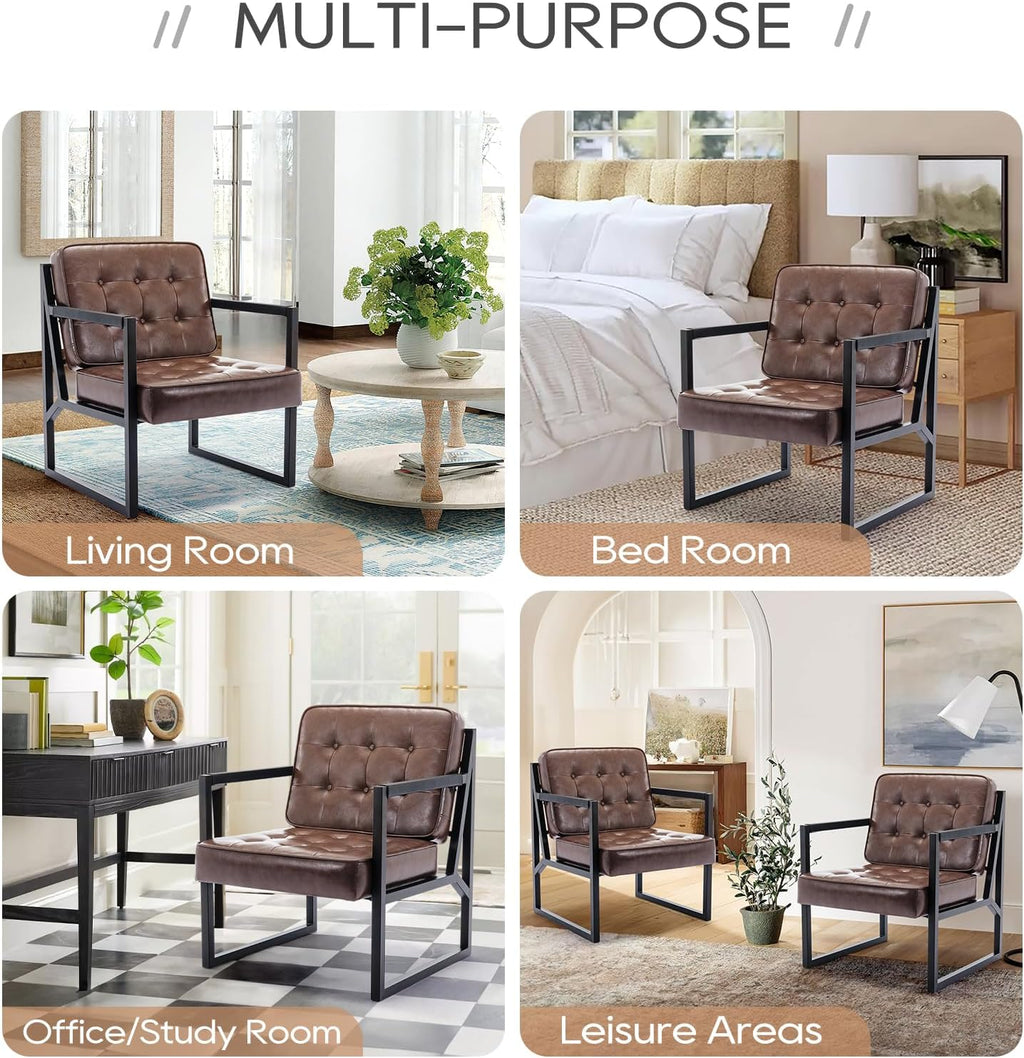 COLAMY Mid Century Modern Accent Chair, Comfy Living Room Chairs, Brown Leather Accent Chair, Faux Leather Reception Armchair with Metal Legs for Living Room Bedroom Reception Waiting Room, Brown