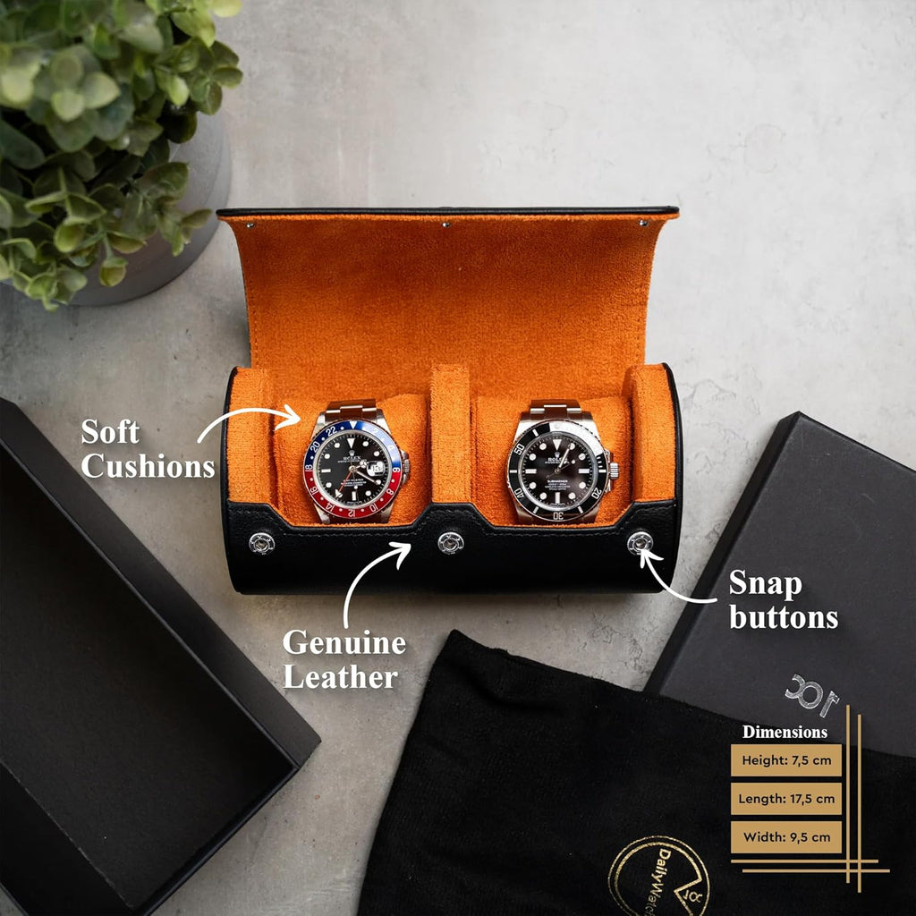 DailyWatch | Watch Roll Travel Case For 2 Watch | Luxury Watch Case In Genuine Black Leather With Soft Velvet Interior | Watch Case Protect, Store, & Display Your Watches | Black Orange
