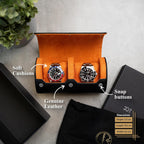 DailyWatch | Watch Roll Travel Case For 2 Watch | Luxury Watch Case In Genuine Black Leather With Soft Velvet Interior | Watch Case Protect, Store, & Display Your Watches | Black Orange