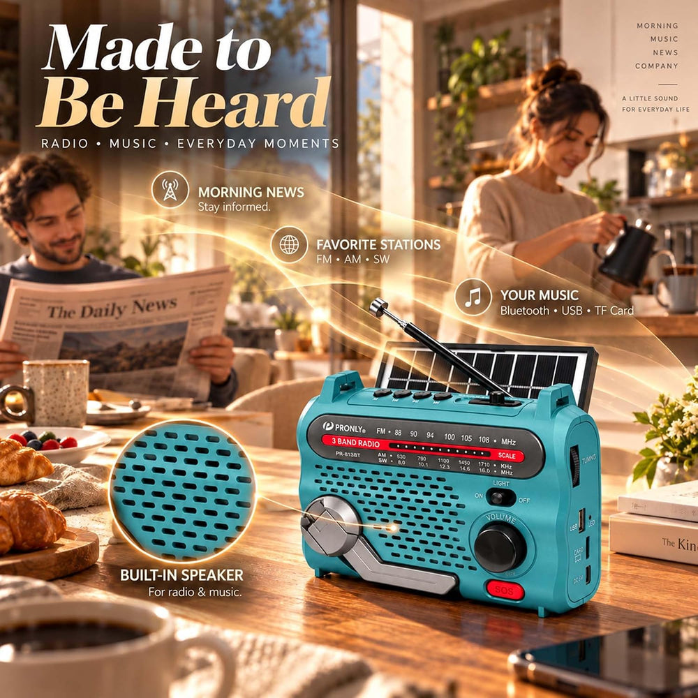 PR-813BT Portable AM FM SW Radio with Bluetooth, Solar Charging