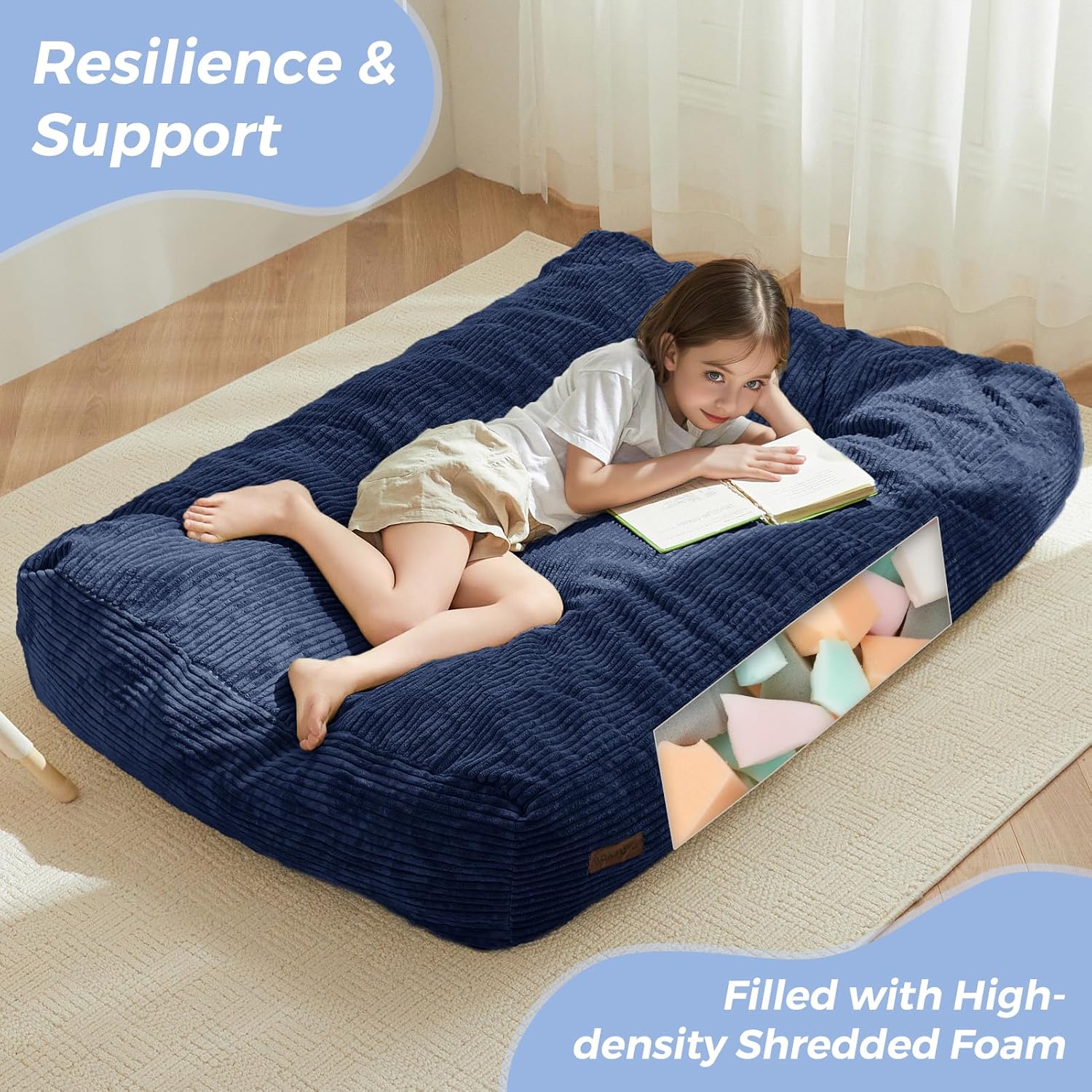 MAXYOYO Bean Bag Chair Bed for Kids, Convertible Bean Bag Floor Sofa Couch | Folds from Lazy Chair to Floor Bed, Machine Washable Corded Fabric, Stuffed Floor Sofa Couch for Boys and Girls, Navy