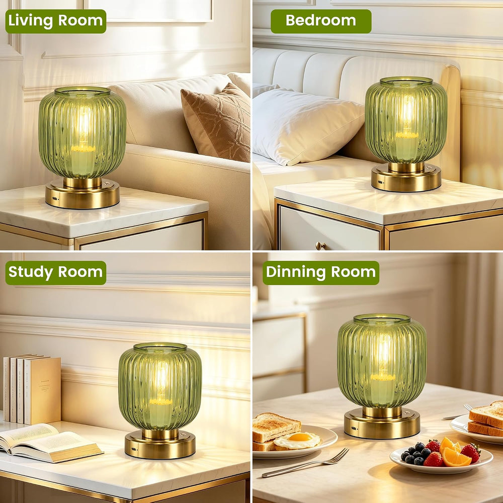 Cordless Table Lamp for Living Room, Small Green Glass Lamp for Bedroom