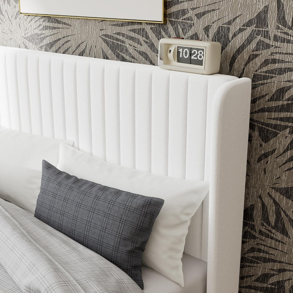 GOLDORO Upholstered King Size Bed Frame with Wingback Headboard, White