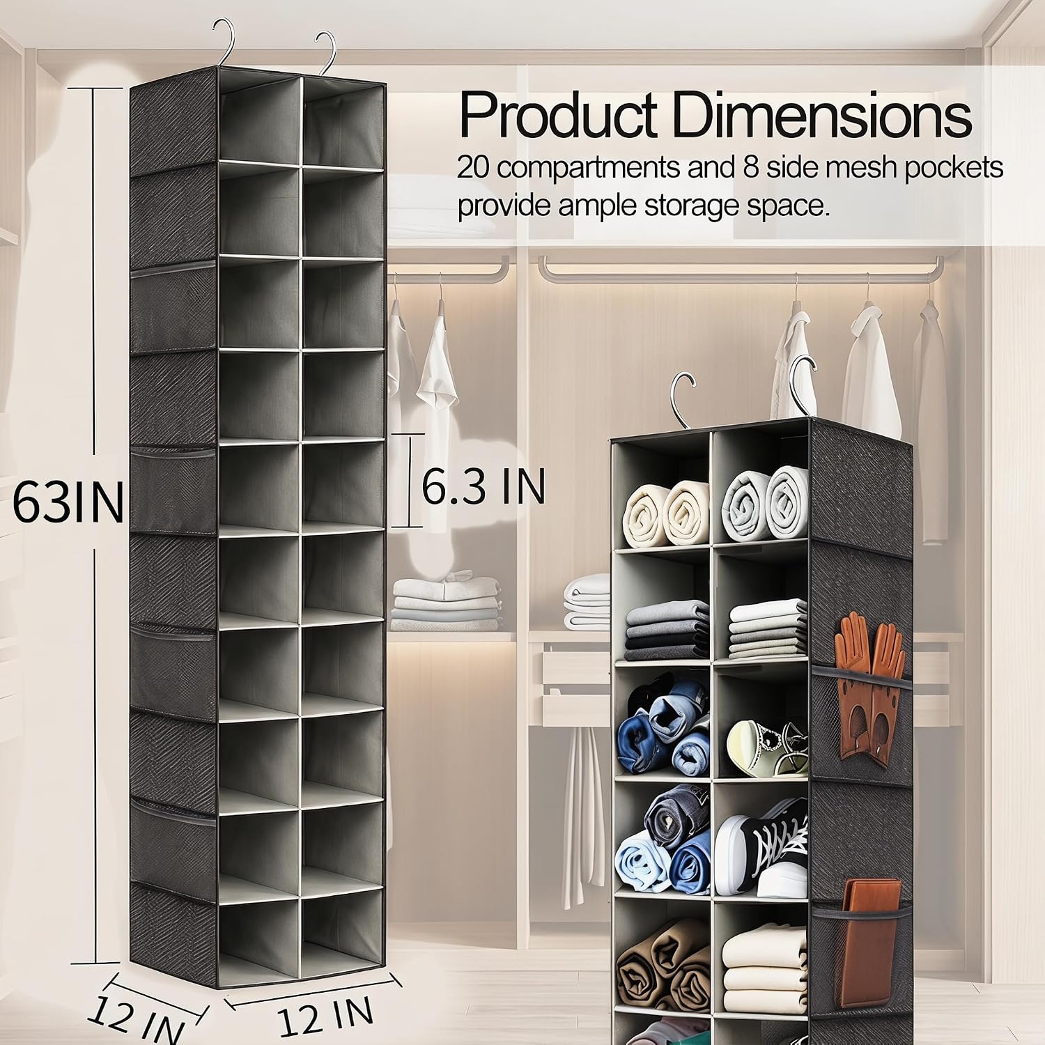 Hanging Shoe Organizer for Closet - 20 Extended Sections Closet Shoe Storage Rack with 8 Side Mesh Pockets, Foldable Shelves Holder for Shoes Clothes Shirts Jeans Hats