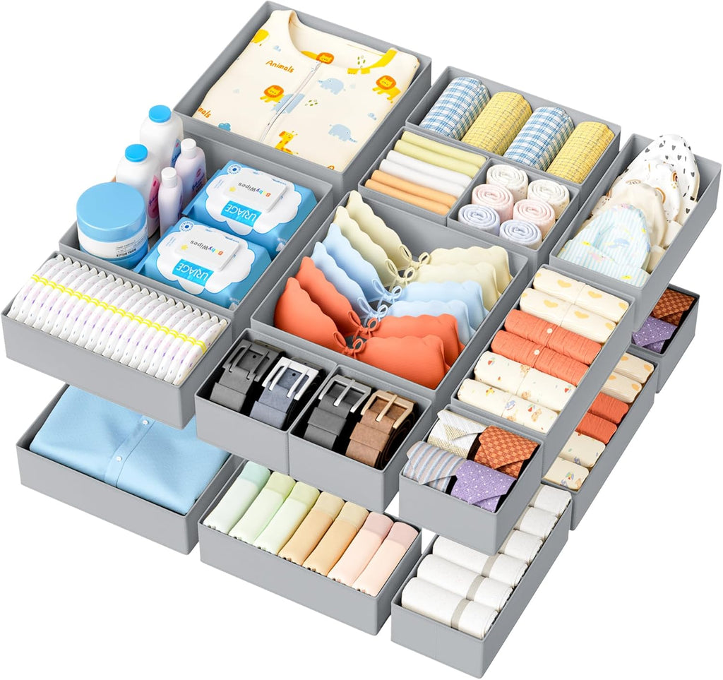DIMJ Drawer Organizer Clothes - 18 Pack Closet Drawer Organizer Bins for Baby Clothes Storage, Fabric Dresser Organizer for Nursery Bedroom, Foldable Small Drawer Dividers for Underwear Socks