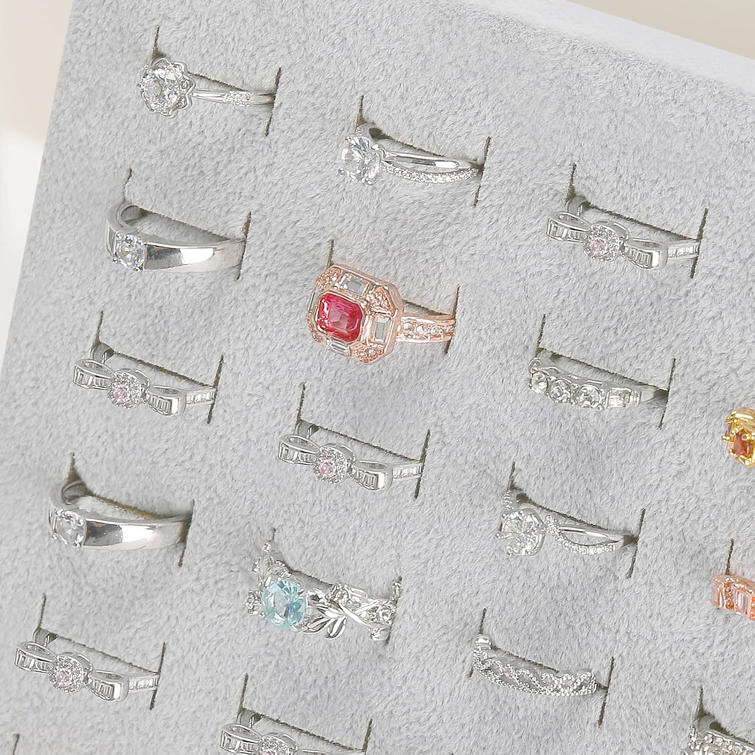 KUKUVR Velvet L-Shaped 50 Slots Ring Earring Holder Display Stand (Grey) | jewelry Ring Earring Organizer Case Tray for Women & Selling Show