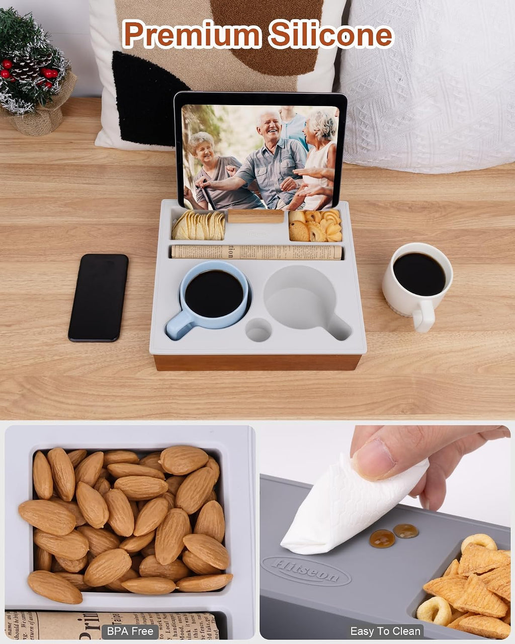 Couch Cup Holder Tray, Portable Silicone Acacia Wooden Double Cup Holder for Couch, Sofa Tray with 360°Rotating Phone & Pad Holder, Anti-Spill TV Tray for Living Room Car Black