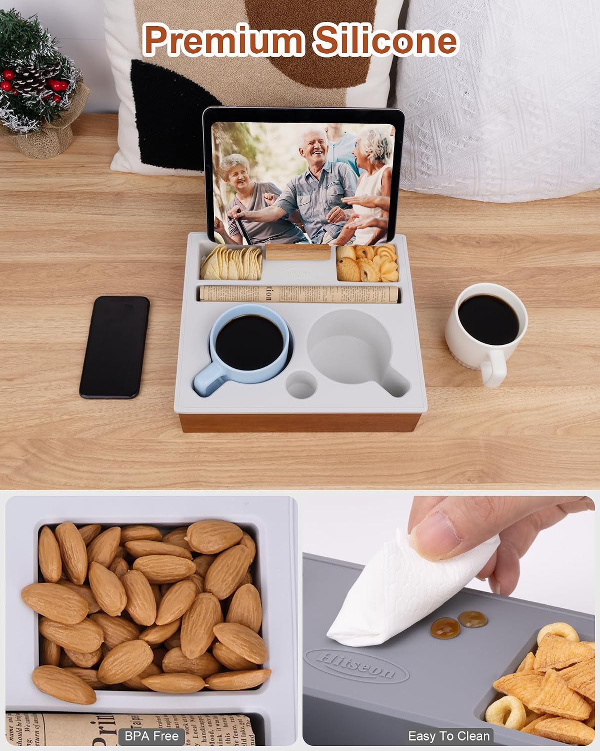 Couch Cup Holder Tray, Portable Silicone Acacia Wooden Double Cup Holder for Couch, Sofa Tray with 360°Rotating Phone & Pad Holder, Anti-Spill TV Tray for Living Room Car Black