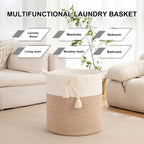 Laundry Basket, 100L Large Laundry Hamper, Tall Woven Rope Storage Basket for Blanket Toys Pillows Towels, Baby Nursery Hamper Bin for Living Room, Bedroom (Brown & White)
