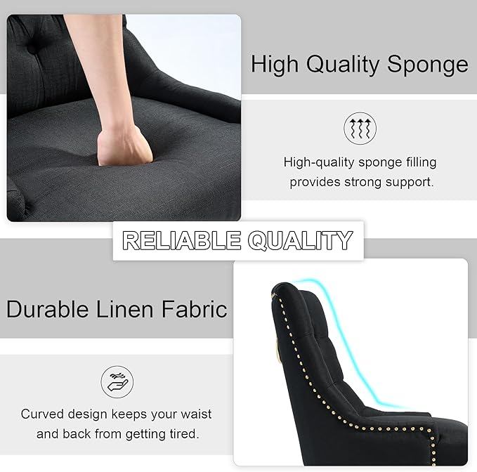 Modern Leisure Linen Dining Chairs Set of 4, Upholstered Dining Chair with Solid Wood Legs, Mid-Century Dining Room Chairs with Pull Ring and Tufted Backrest, Black