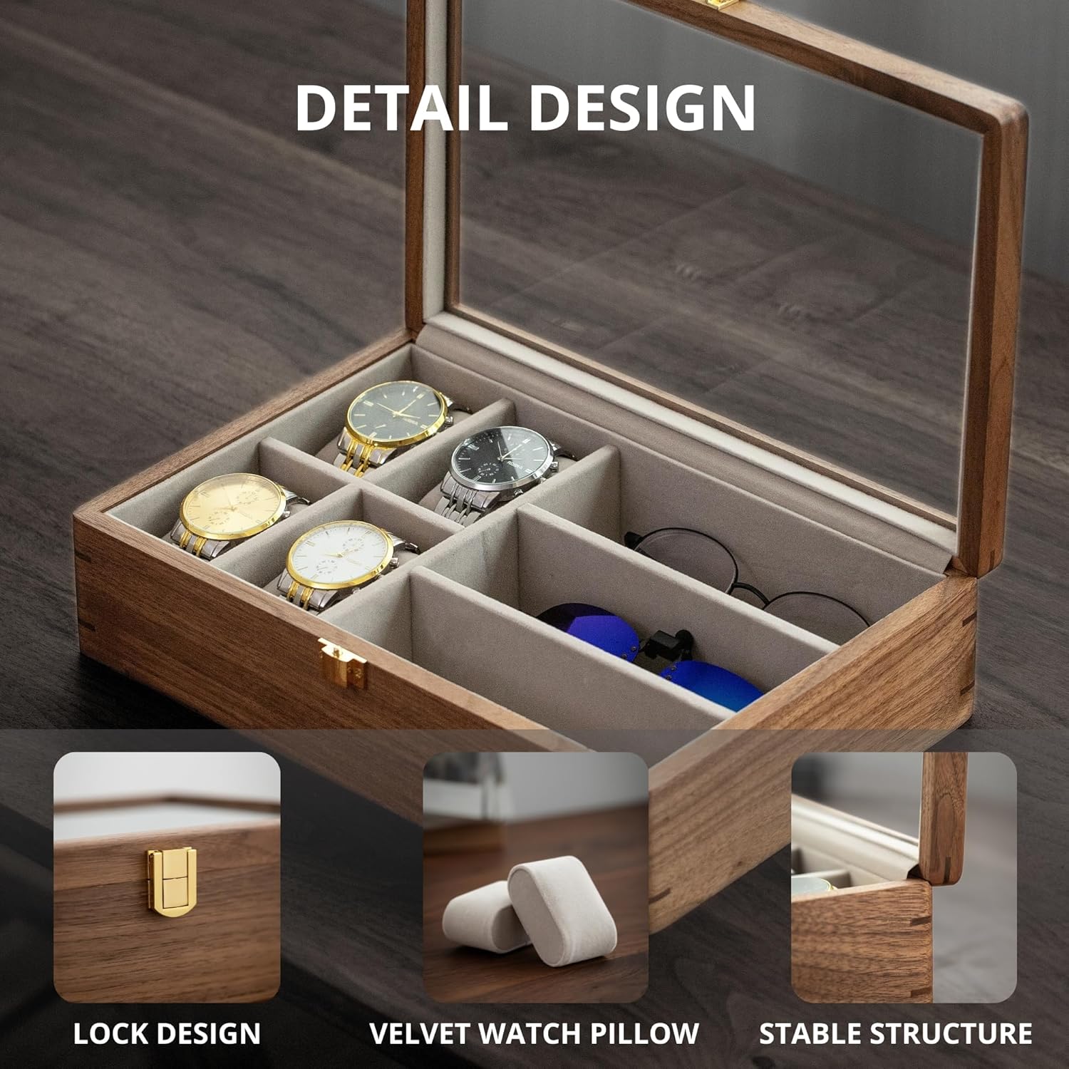 Muso Wood 7 Slot Men's Walnut Watch Box with Glass Lid, Watch and Sunglasses Organizer, Father's Day Gift - Brown