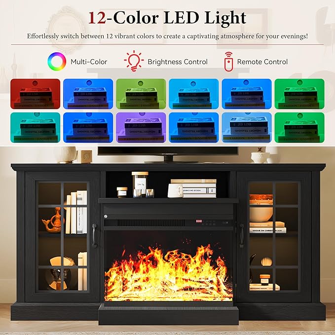 MXV 59'' Fireplace TV Stand, Farmhouse Entertainment Center with 3 Sided Glass TV Stand, Modern Media Console Table with Storage Drawers & Cabinets with LED Flame and Lights for Living Room, Black