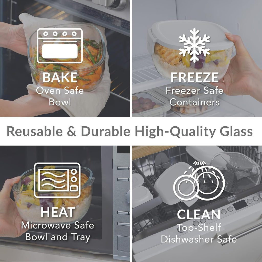 Bentgo Glass All-in-One Salad Container - Large 61-oz Salad Bowl with Lid, 4-Compartment Bento-Style Tray, 3-oz Sauce Container, and Reusable Fork - Dishwasher, Microwave, and Oven Safe (White)