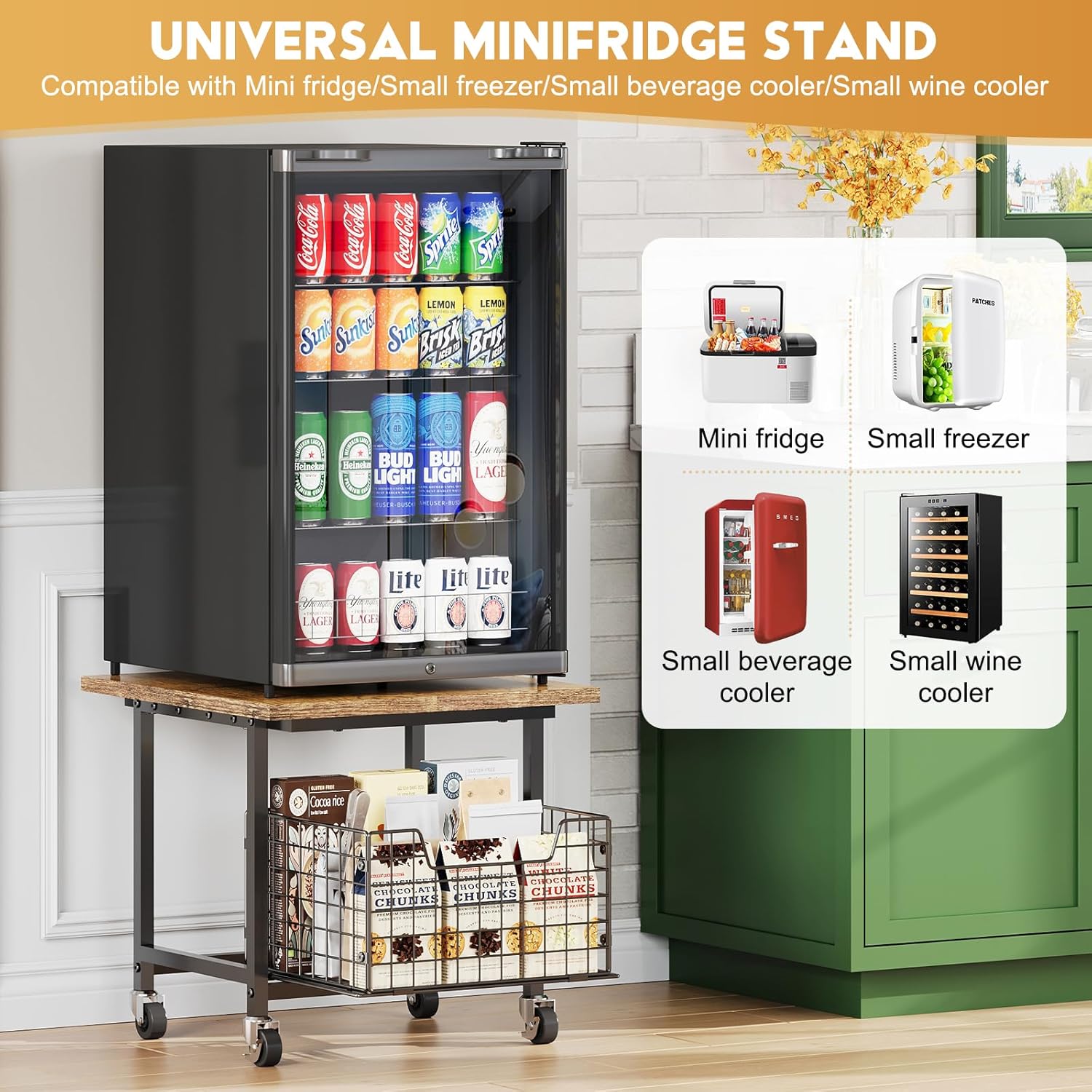 Mini Fridge Stand with Storage, Small Refrigerator Stand with Wheels, Rolling Mini Fridge Cart-Max Load 300 LBS Heavy Microwave Printer Stand Utility Cart for Dorm, Apartment, Kitchen, Office (Brown)