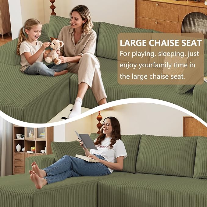 96" Modular Sectional Couch, Boneless L Shaped Cloud Sofa with Chaise Lounge, Corduroy Upholstered Couches Memory Foam Deep Seat, No Assembly Required, Ideal for Living Room(Green, Left Facing)
