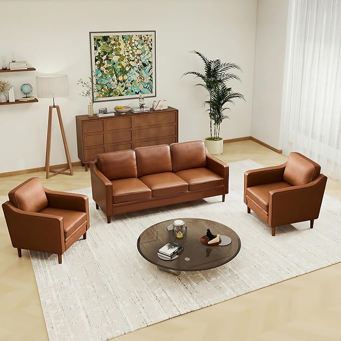 Kingfun Living Room Furniture Sets, 3 Seater Couch and Loveseat, Mid Century Modern Sofa Set, Faux Leather Couch with Solid Wood Frame for Living Room & Bedroom, Dark Brown