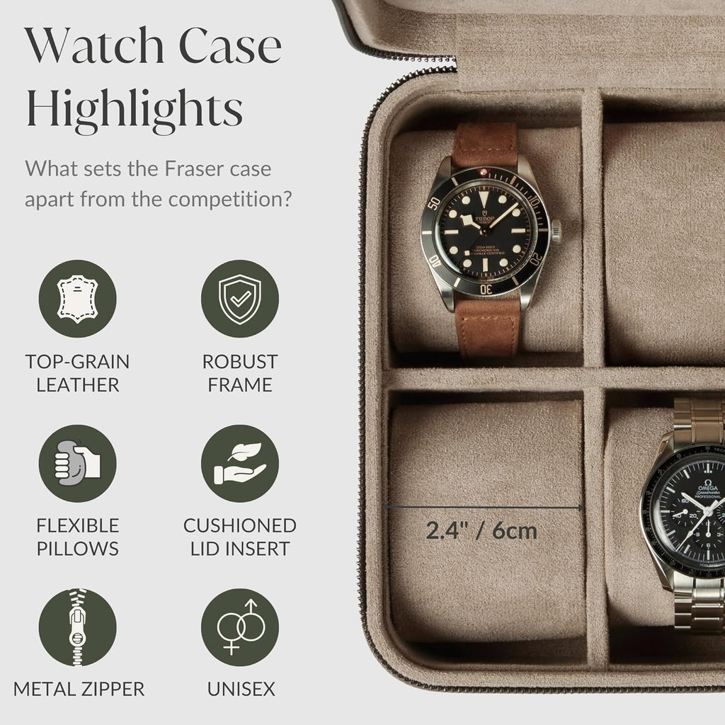 TAWBURY Watch Case - 4 Slot Genuine Top-Grain Leather Watch Box for Men & Women with Extra Wide Pillows for Large Watches - Portable Wristwatch Storage for Home & Travel (Taupe)