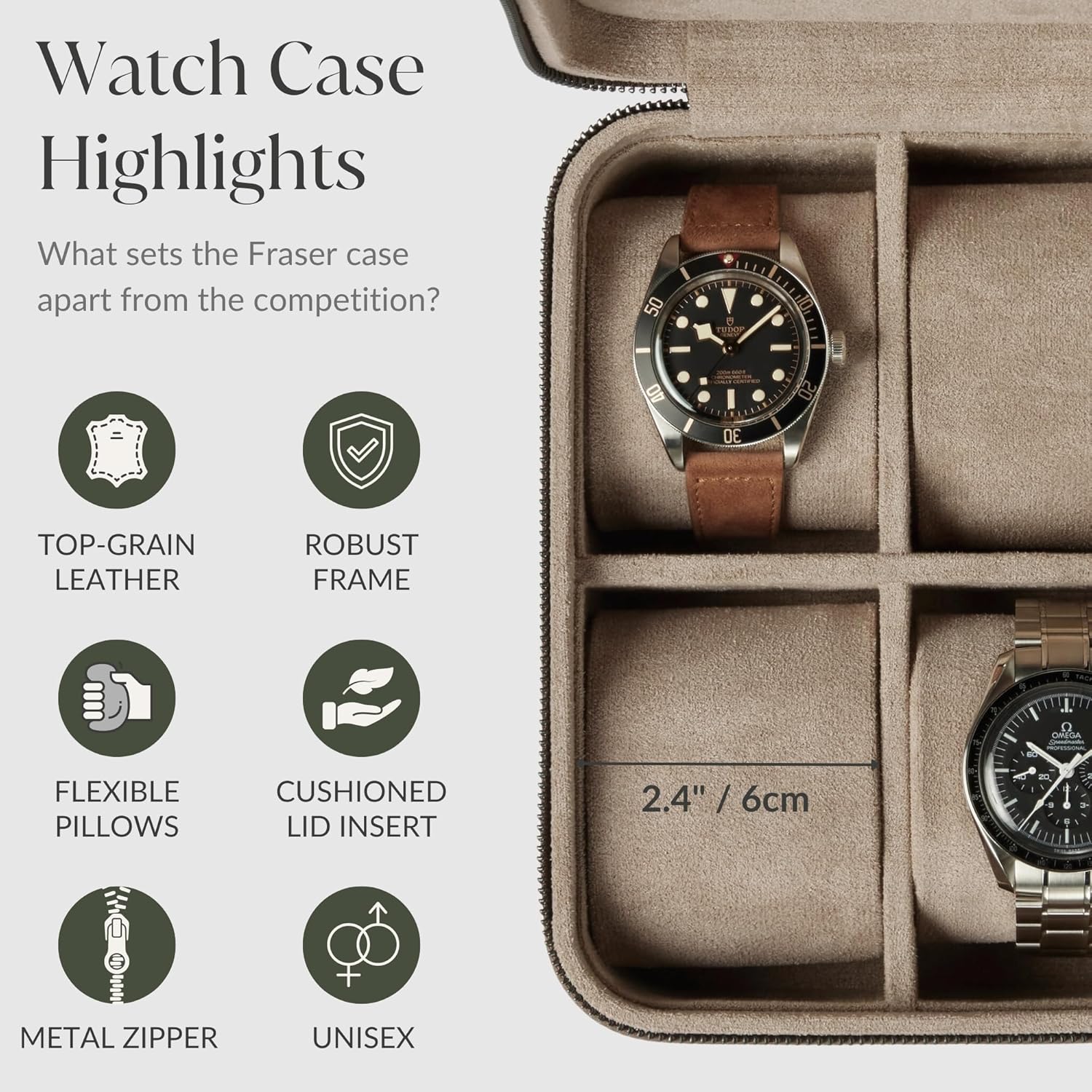 TAWBURY Watch Case - 4 Slot Genuine Top-Grain Leather Watch Box for Men & Women with Extra Wide Pillows for Large Watches - Portable Wristwatch Storage for Home & Travel (Taupe)