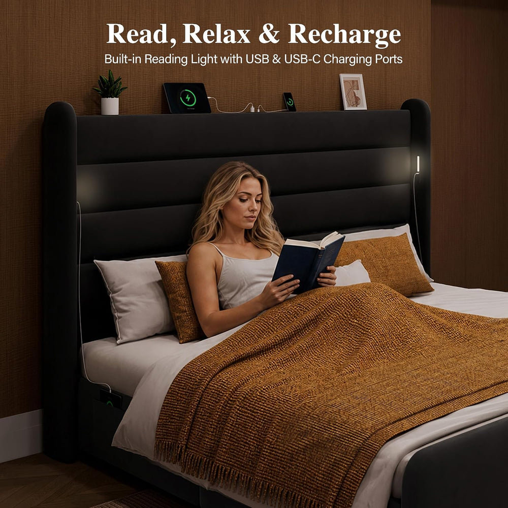 King Size Bed Frame with 59'' Tall Headboard with Readlight, Black