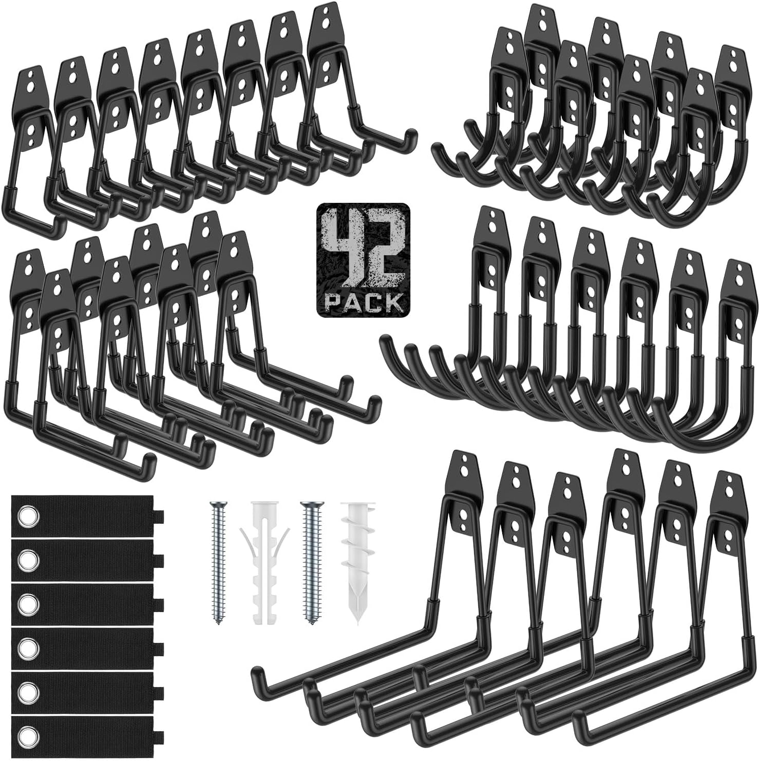 Garage Hooks with Anti-Slip Coating,Heavy Duty Wall Mount Storage Hooks for Hanging Bike,Hose,Ladder,Yard,Garden Tools (42 Pack Black)