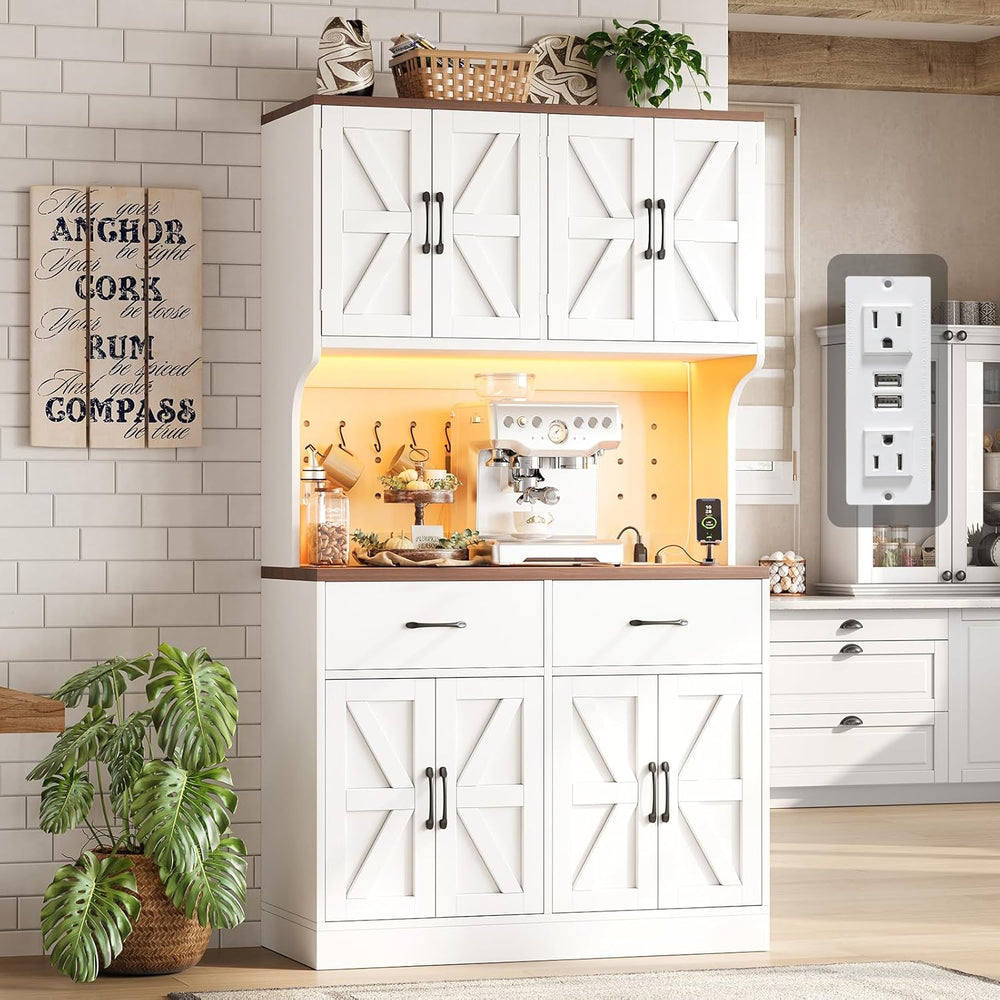 VK·LIVING 71" Kitchen Pantry Cabinet with LED Light & Charging Stati...