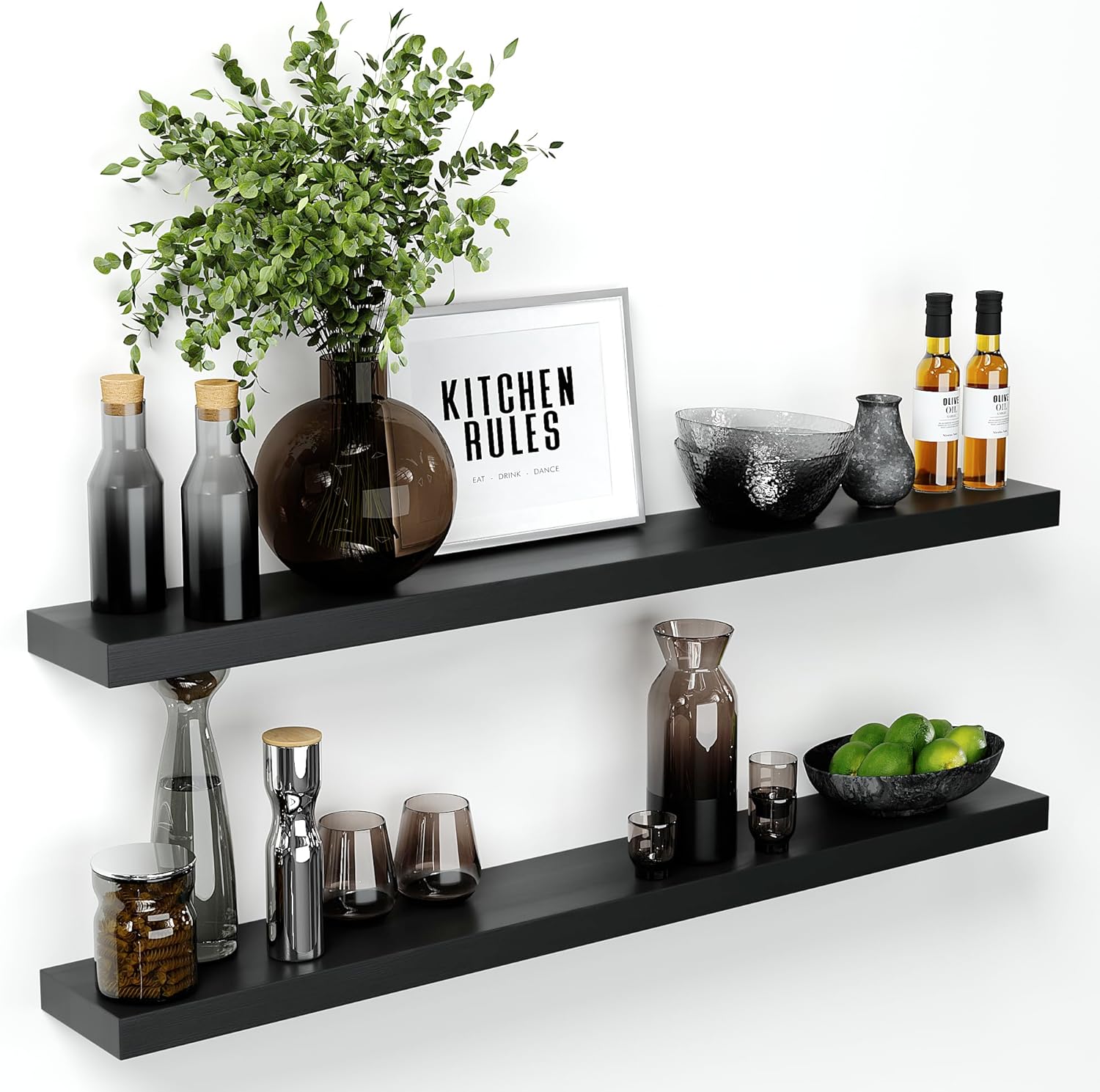 Homeforia Black Floating Shelf 48 inches, High End Solid Real Wood 48 inch Long Floating Shelves for Wall, Black Wooden 48inch Large Floating Shelves, Heavy Duty Bracket, 48 X 6.5 X 1.75 in, Set of 2