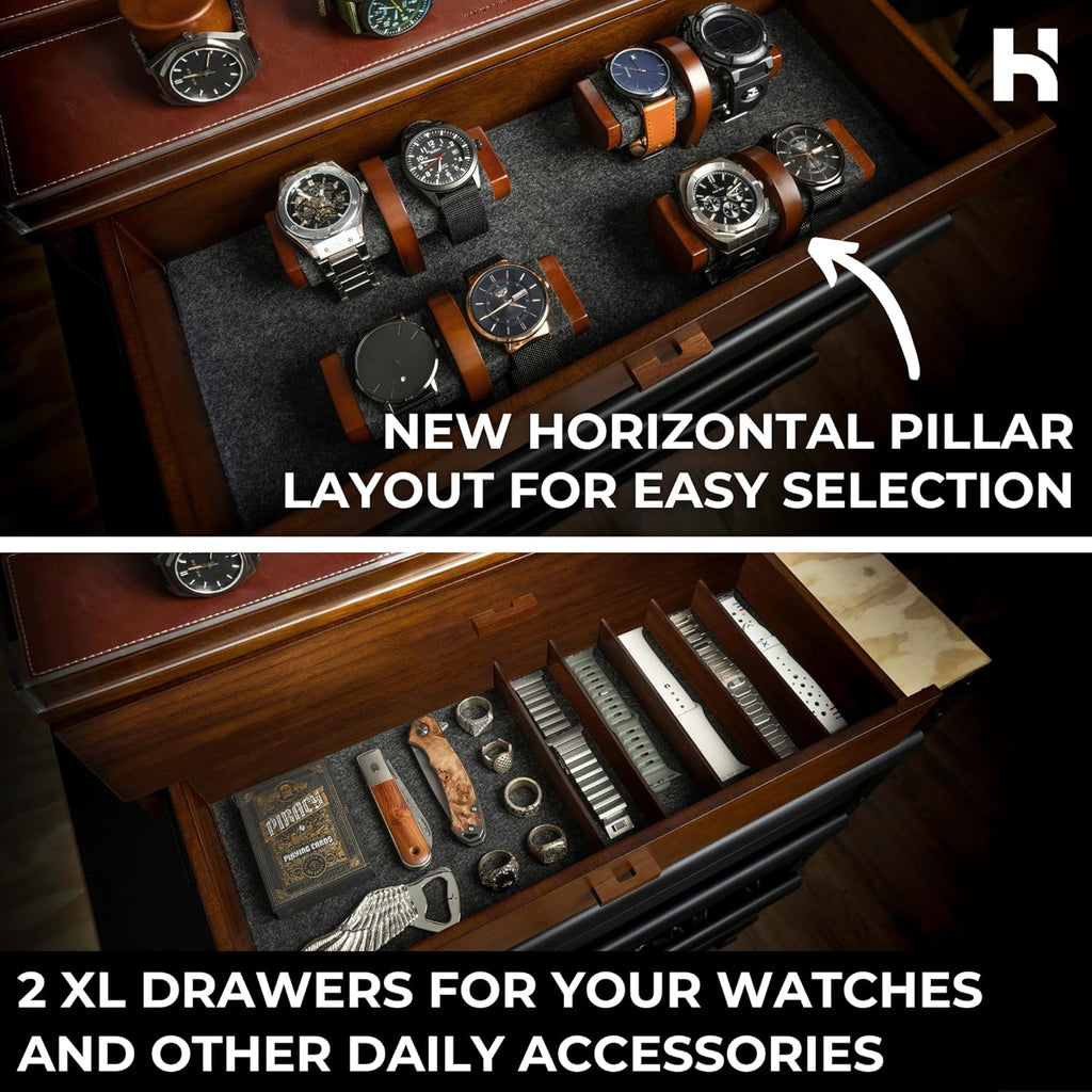 Premium 17 Slot Watch Box for Men - Extra Large Wooden Watch Display Case with Hinged Cover, Leather Lining & 2 Drawers - Watch Holder Organizer Stand - Handcrafted Luxury Christmas Gift for Men