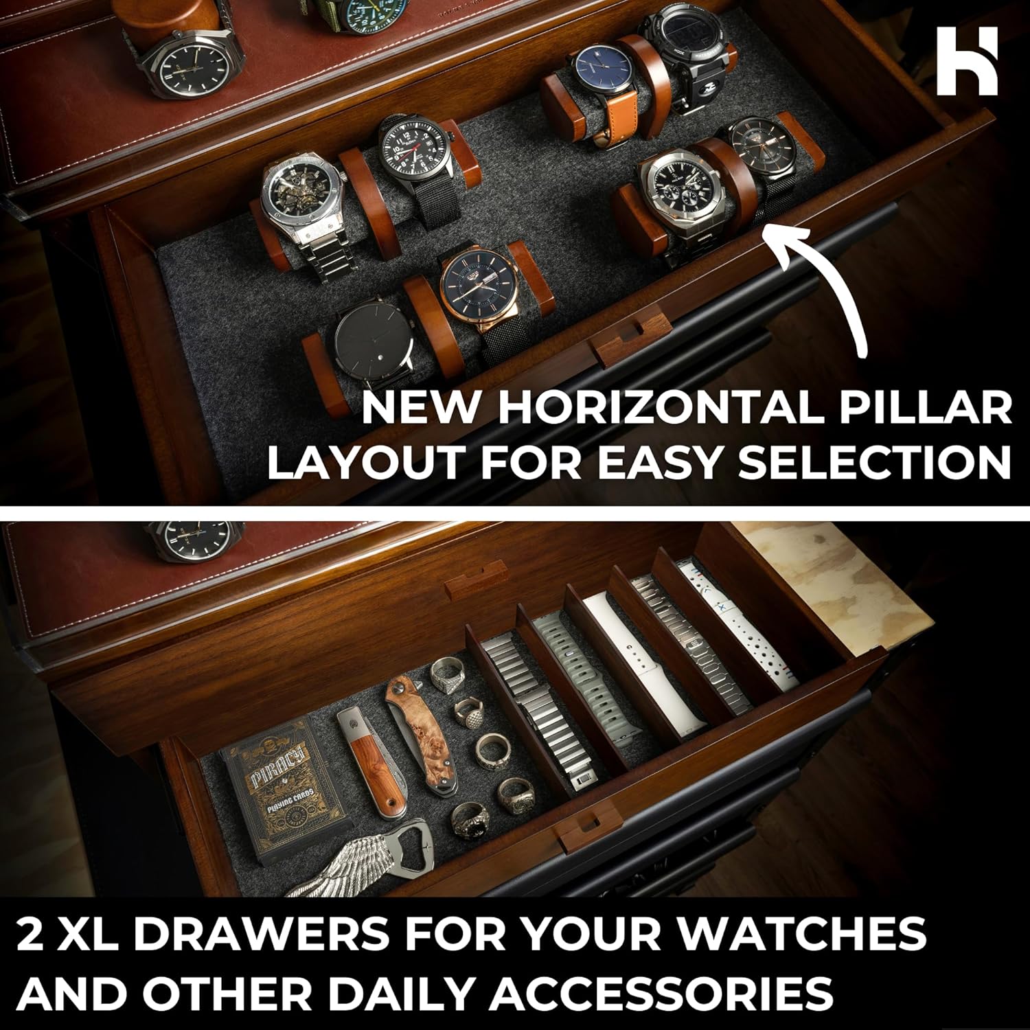 Premium 17 Slot Watch Box for Men - Extra Large Wooden Watch Display Case with Hinged Cover, Leather Lining & 2 Drawers - Watch Holder Organizer Stand - Handcrafted Luxury Christmas Gift for Men