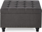 Upholstered Linen Storage Ottoman Bench with Wooden Legs,Button Tufted Coffee Table W/Nail Trims,for Living Room,Bedroom,Entryway,Easy to Assemble,Dark Gray