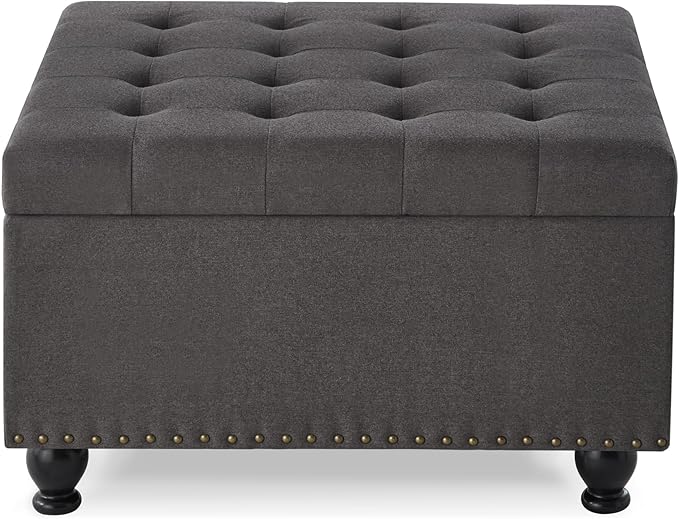 Upholstered Linen Storage Ottoman Bench with Wooden Legs,Button Tufted Coffee Table W/Nail Trims,for Living Room,Bedroom,Entryway,Easy to Assemble,Dark Gray