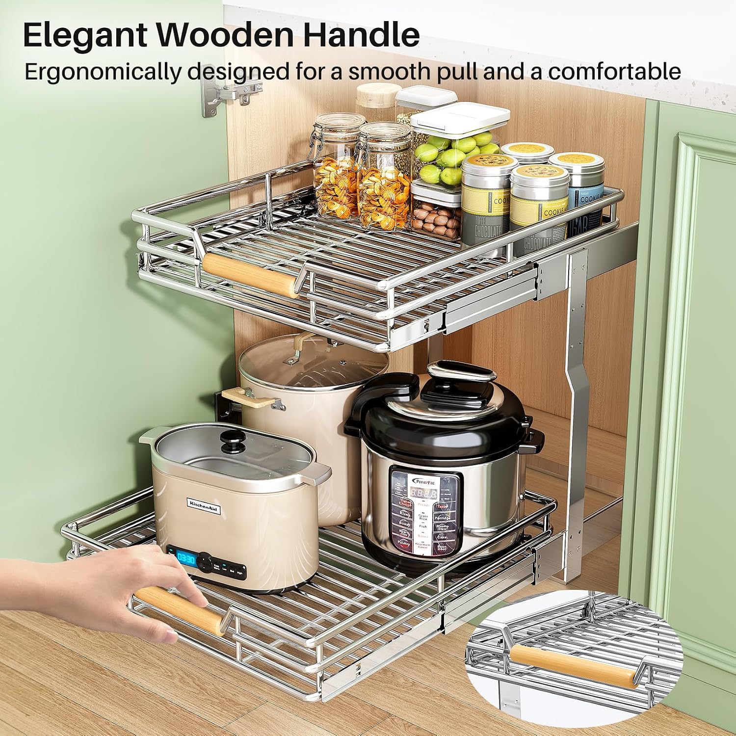 Pull out Cabinet Organizer, 2 Tiers 15"W X 21"D, Heavy Duty Smooth Sliding Under Cabinet Shelves for Pots and Pans, Full-Extension Roll out Drawers, Slide out Organization for Home Kitchen Pantry