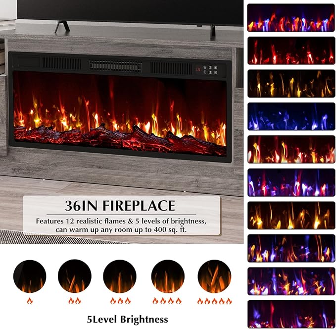 Lemberi Fireplace tv Stand with 36 inch Fireplace Up to 80" TVs,LED Light Entertainment Center and Storage, 70" Modern Wood Media TV Console with Highlight Cabinet for Living Room (Gray)