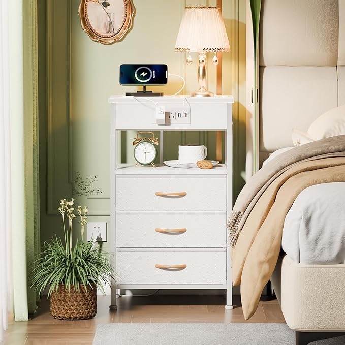 Furnulem Night Stand with Charging Station, 28.3 Inch Tall Bedside Table with...
